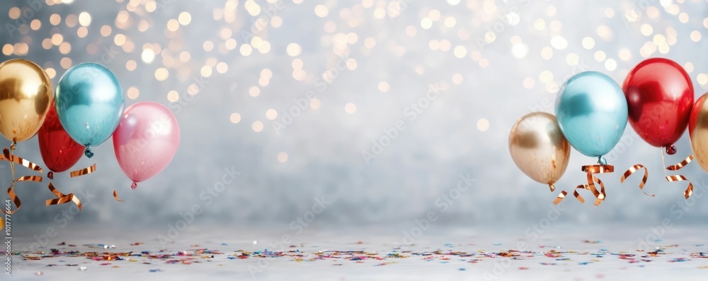 Poster flat lay happy new year template with colorful confetti ribbons and fireworks on a shiny silver back