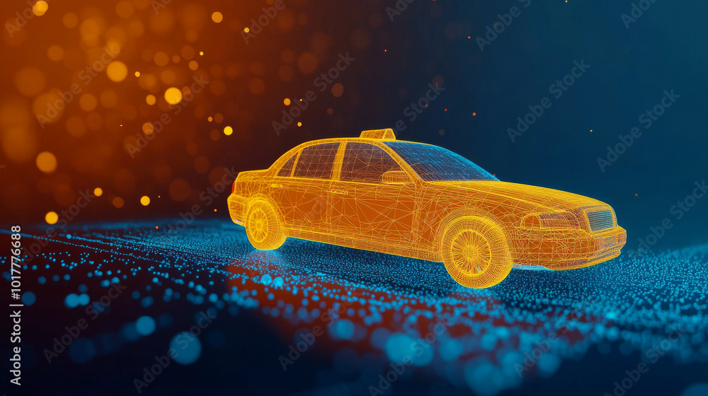 Poster a yellow taxi cab pops out of a computer screen, representing an online taxi booking app. the image 