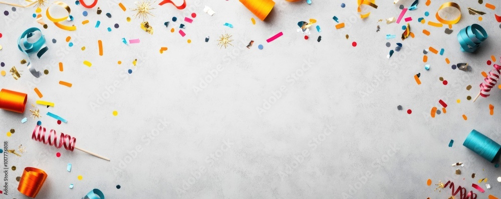 Poster flat lay happy new year 2023 template with colorful confetti ribbons and fireworks on a shiny silver