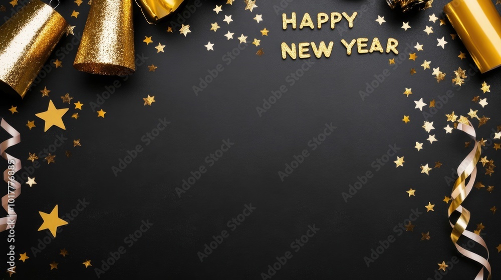Poster flat lay composition featuring an arrangement of elegant new year s eve and a happy new year text me