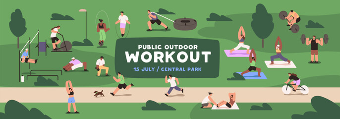 Design of web banner about street workout on ground. Horizontal event poster with advertising of public training in park. People do sport, physical exercises, practice yoga. Flat vector illustration