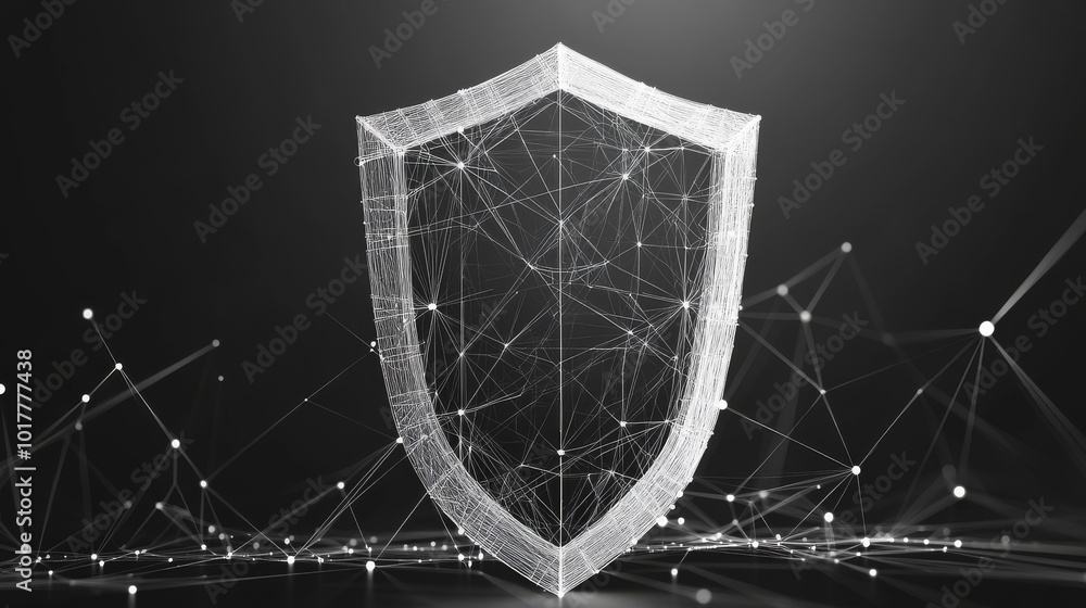 Poster a simple, geometric design of a shield and phone, made up of triangles and lines. this black and whi