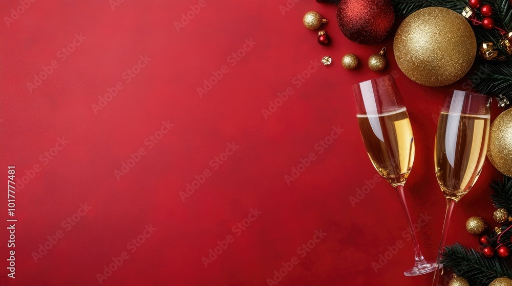 Poster festive new year flat lay arrangement with champagne glasses gold party hats and sparkling on a vibr