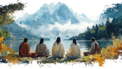Jesus teaching disciples by a serene lakeside with mountains in the background, peaceful and reflective scene Generative AI