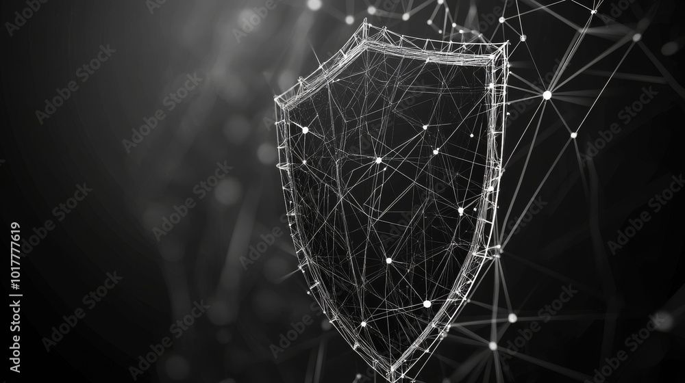 Poster a simple, geometric design of a shield and phone, made up of triangles and lines. this black and whi