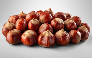 Obraz premium Four shiny chestnuts with textured brown shells arranged on a white surface Generative AI