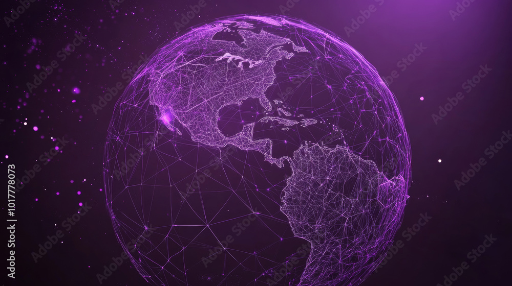Poster web 3.0 is about a connected world where everything is online, like a purple globe from space. this 
