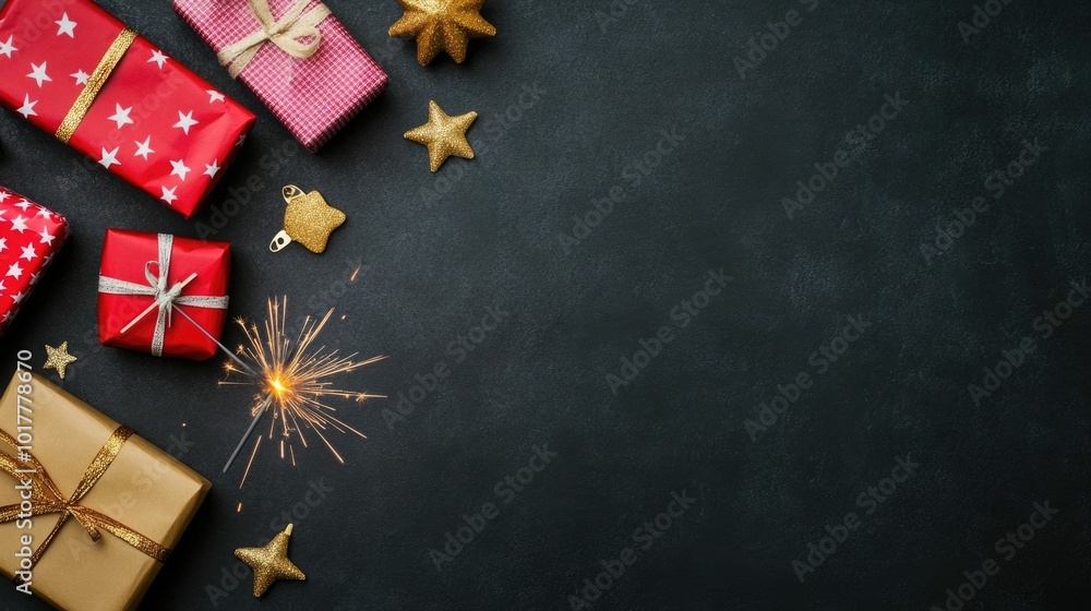 Poster festive happy new year banner template with colorful crackers sparklers and shining stars on a dark 