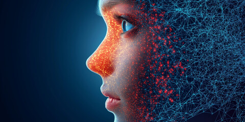 Cutting-Edge AI Design Holographic Face with Neural Network Visuals