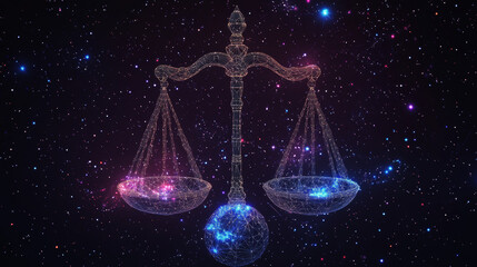 A design of a scale with feet and ankles that looks like a starry night sky. It's made of points, lines, and shapes that resemble planets, stars, and the universe.low poly wireframe.