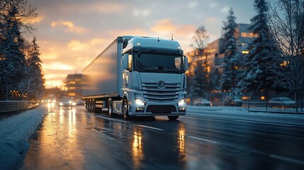 Obraz premium Delivery truck driving down an autumn tree-lined street with golden sunlight filtering through the leaves Generative AI