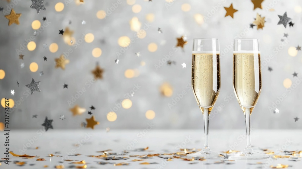 Poster elegant new year banner template with gold and silver stars champagne glasses and sparkling confetti
