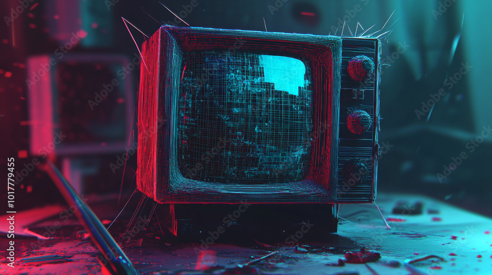 Poster a glitchy, distorted image with a 3d effect, like you might see on a broken tv. the image has a red 