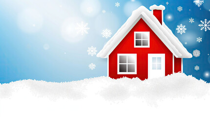 Cozy red house stands on top of snow drift on the background of winter landscape.Christmas greeting card.New Year banner with a sense of peace, tranquility and holiday magic. 