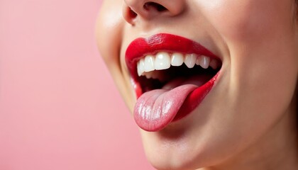 Fototapeta premium Playful Pink: A close-up of a woman's mouth with bright red lipstick, her tongue playfully sticking out, against a vibrant pink background. This image evokes a sense of fun, confidence.
