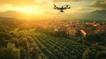 Fototapeta premium Wide-angle view of a lush countryside, drones delivering organic produce, vibrant skies above, blending technology and nature, stunning colors