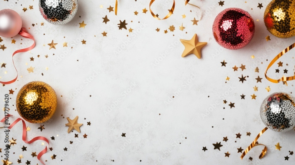 Poster festive new year banner with flat lay of party streamers stars and disco balls arranged on a white b