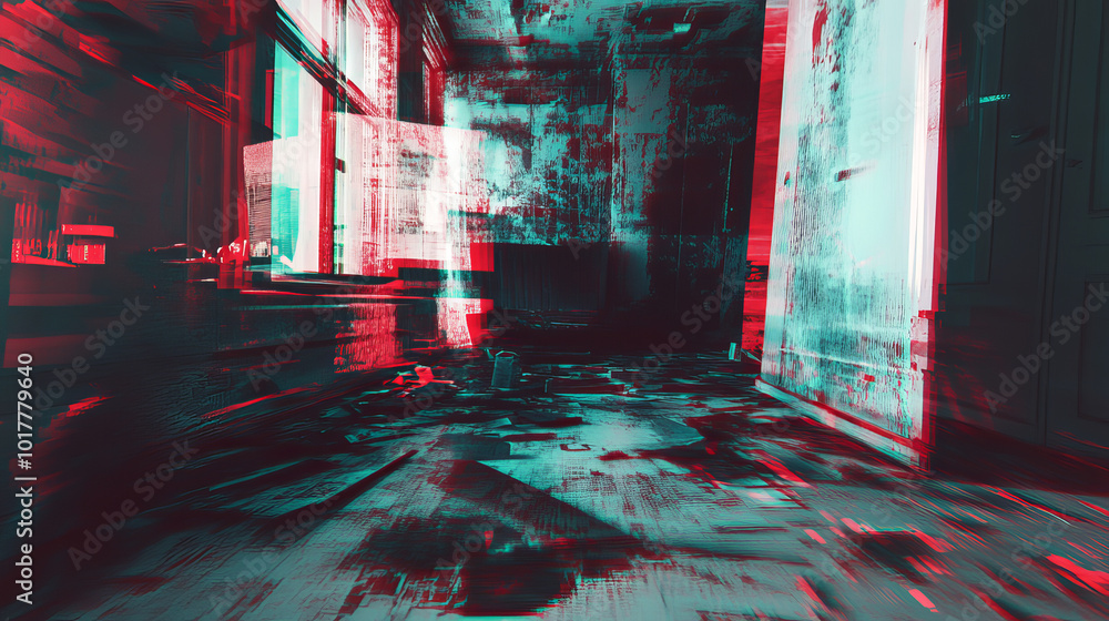 Poster a glitchy, distorted image with a 3d effect, like you might see on a broken tv. the image has a red 