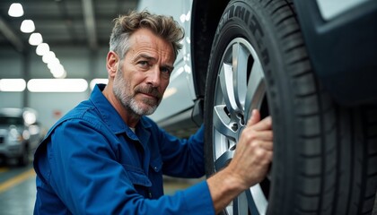 Mechanic Inspecting Tire: A seasoned male mechanic meticulously examines a car tire in his well-equipped workshop, showcasing expertise and precision.  