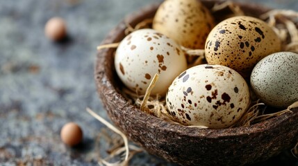 Obraz premium A bowl of eggs with a few pebbles in the background