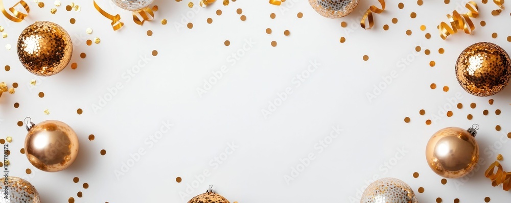 Poster flat lay composition of new year including festive streamers disco balls and gold glitter on a white
