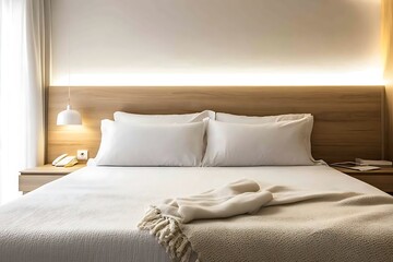 Hotel Bedroom with White Bed Linens and Wooden Headboard.