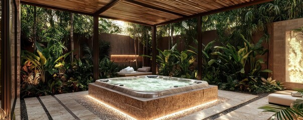 Opulent spa terrace under a bamboo pergola with tropical plants around a stone hot tub.
