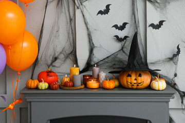 Fireplace with different Halloween decor indoors. Festive interior