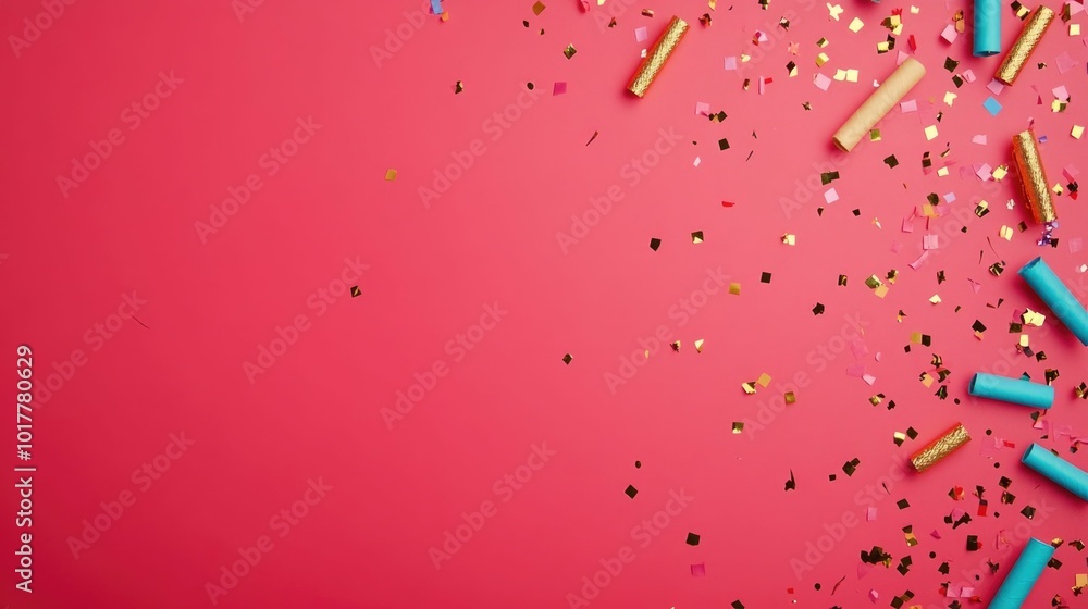 Poster Festive New Year s Eve banner template with golden fireworks colorful confetti and party poppers against a bold red background  Flat lay composition with a deep depth of field for a creative
