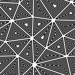 Minimalistic triangles background. Big triangles size. Multiple repeated inner triangles. Black and white style. Repeatable pattern. Modern vector tiles. Seamless vector illustration.