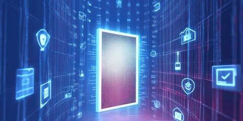 Obraz premium A glowing portal surrounded by digital icons representing technology and security concepts.
