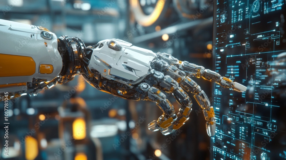 Poster a robot hand is touching a computer screen