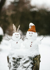 Happy little snowmen couple with smile on a snowy tree trunk in the winter garden. Having fun in...