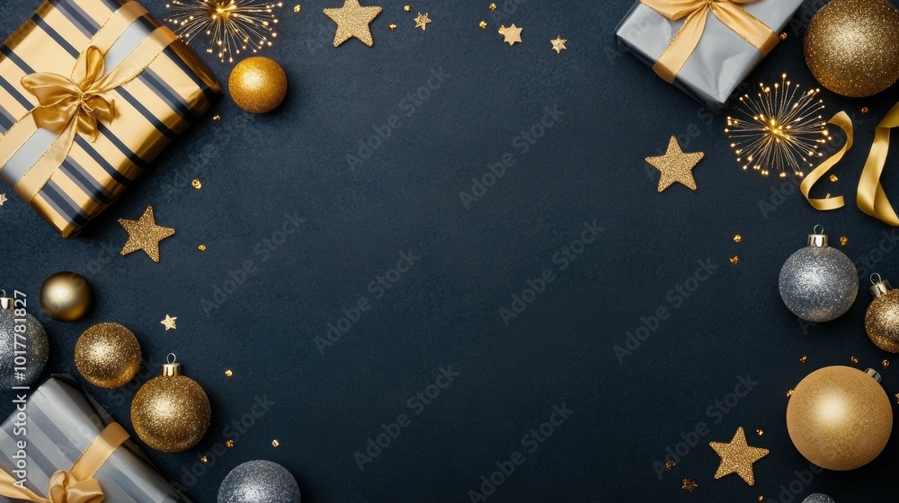 Poster elegant happy new year banner with a flat lay of gold and silver stars and fireworks on a dark gradi