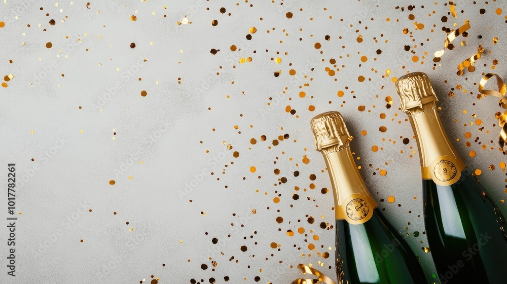 Poster elegant flat lay composition with golden champagne bottles shimmering confetti and sparkling lights 