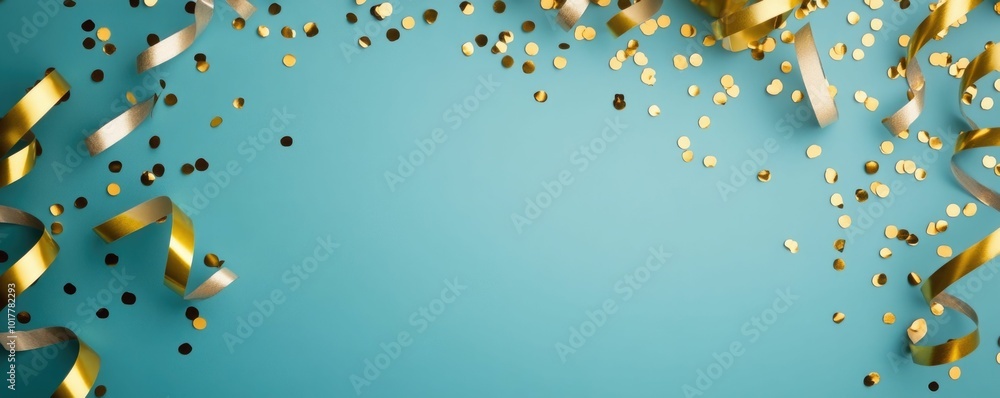Poster golden confetti and shiny streamers on a midnight blue background creating a festive and elegant new