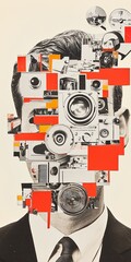 Abstract collage of a man's face with vintage cameras and elements