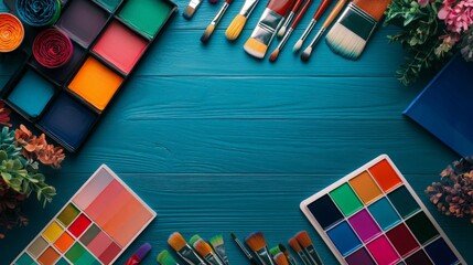 Colorful Artistic Flat Lay with Paintbrushes and Swatches