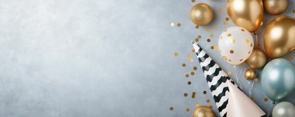 Glamorous New Year s Eve scene with champagne glasses gold balloons party hats and other festive on a glittery silver background in a flat lay top view composition with a deep depth of field