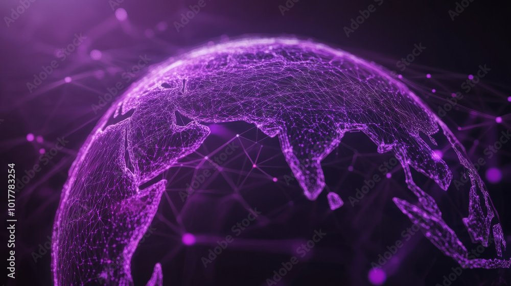 Poster web 3.0 is about a connected world where everything is online, like a purple globe from space. this 