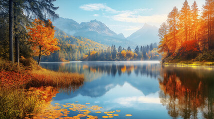 Fototapeta premium Autumn Lake Reflecting Mountains under a Clear Blue Sky
