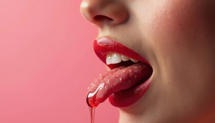 Obraz premium Close-up of a woman's lips with bright red lipstick, her tongue slightly visible and dripping with a liquid, against a pink background