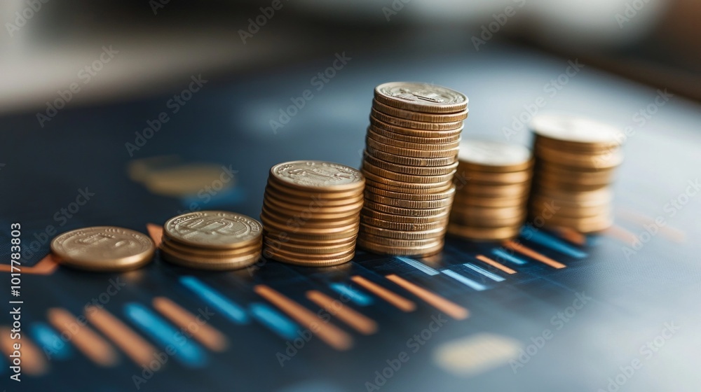 Poster a stack of coins on a blue background with a graph