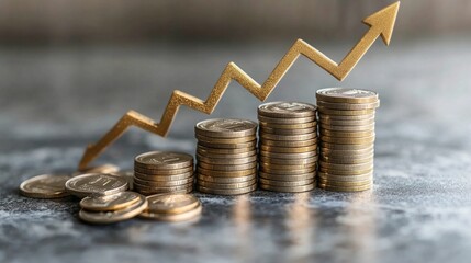 A stack of coins with a gold arrow pointing upwards