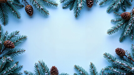 Winter pine branches and pinecones on blue background