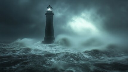 A lighthouse is in the middle of a stormy sea