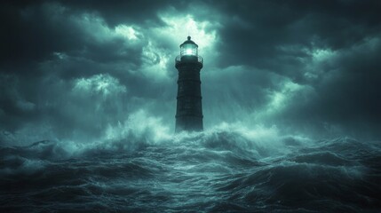 Fototapeta premium A lighthouse is in the middle of a stormy sea
