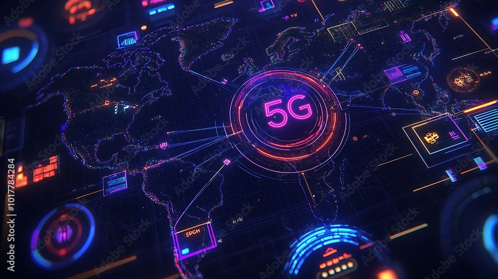 Poster a futuristic digital illustration of the globe with glowing lines, showing a 5g connection spanning 