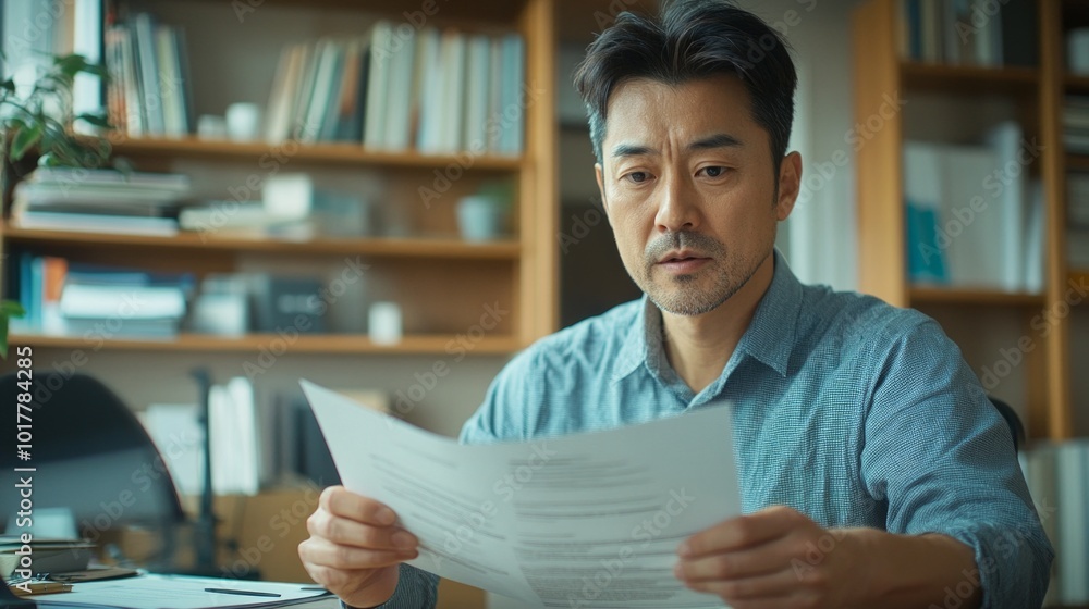 Poster a man is sitting at a desk with a stack of papers in front of him