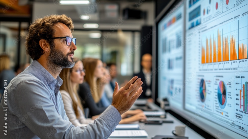 Poster a man is looking at a large screen with many graphs and numbers